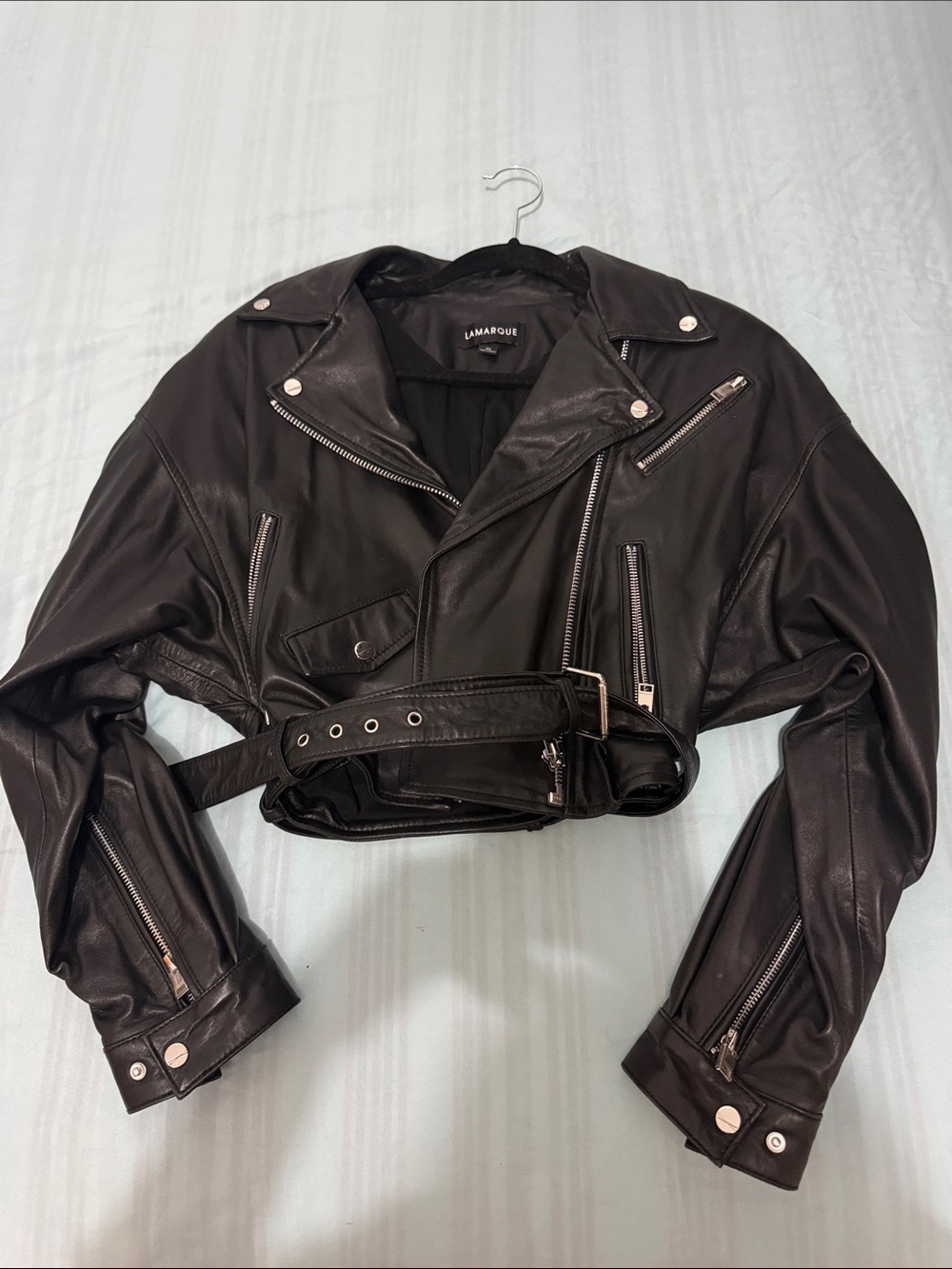 Lamarque Black Cropped Leather Moto Jacket with Belted Waist